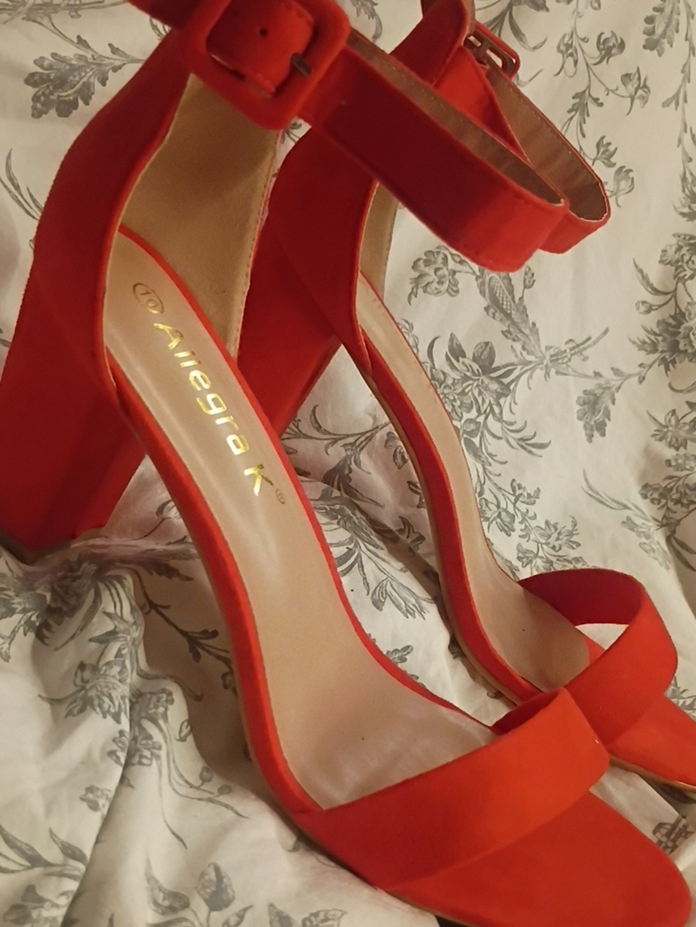 Allegra K Red Suede Block Heel Ankle Strap Sandals